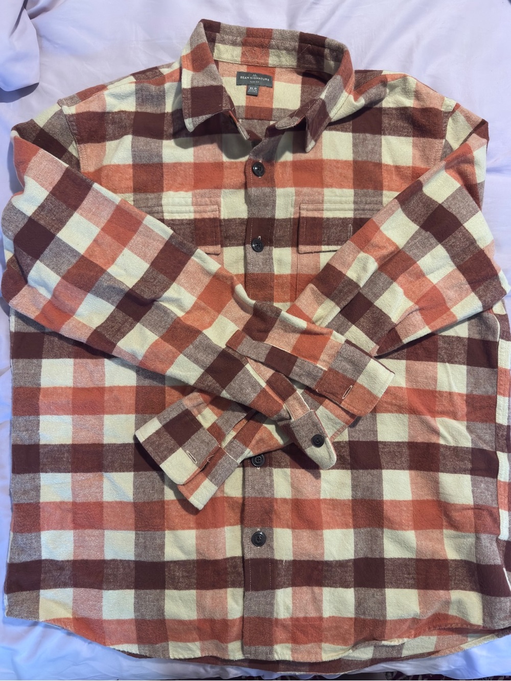 L.L. Bean Men's Signature Chamois Plaid Button-Up Shirt - Rust, Brown & Cream